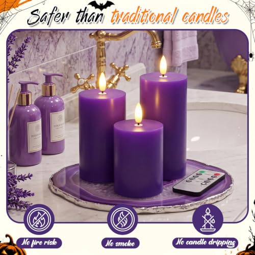 Set of 3 Purple Flameless Real Wax LED Pillar Candles with Remote Control