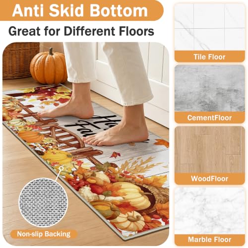 Fall Kitchen Rug Set of 3 with Pumpkins & Leaves - Non Slip Washable Mats