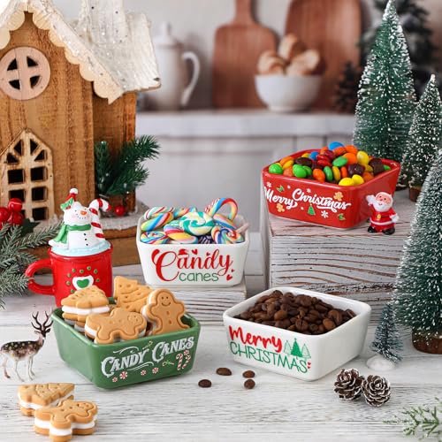 Christmas Candy Bowls Set - Ceramic Mini Square Dish with Holiday Patterns - 4 Pcs