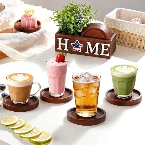 Wood Coasters Set of 4 with Holder for Drinks Table Decor