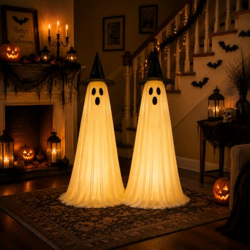 Outdoor Halloween Ghost Decorations Set with LED Lights, Adjustable Tall Spooky Figures