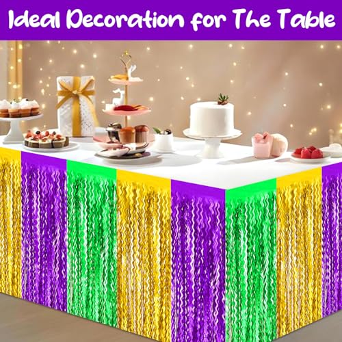 Gold Green Purple Wave Foil Fringe Table Skirts Set - 6 Pack, 29x108 Inches, Party Decorations