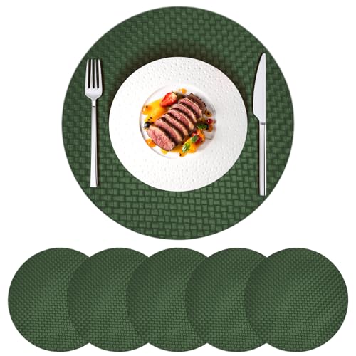 Green Faux Leather Double Decker Round Placemats Set of 6 - Heat-Resistant Waterproof Table Mats