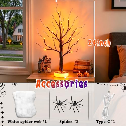 Green & Orange Halloween Spooky Tree Lighted Decor with 3D Spider Base