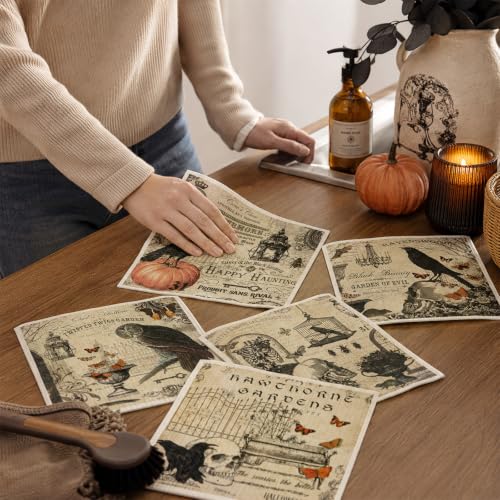 Halloween Vintage Owl Crow Skull Cotton Kitchen Towels - 12 Pcs, Absorbent & Reusable