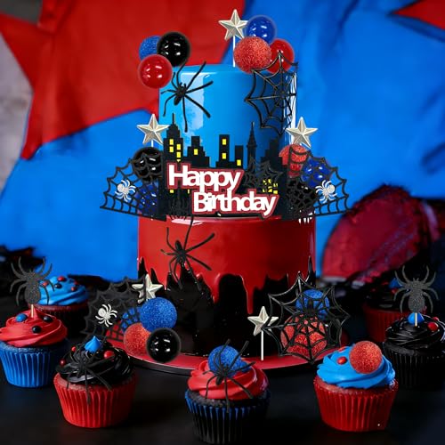 Spider Cake Topper Spider Web Decoration Set - Red-Blue Hero Theme Birthday Party Supplies