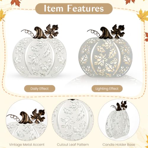 Lighted Metal Fall Pumpkins Decor Set - Orange & White, Rustic Autumn Accent with Leaf Shadows