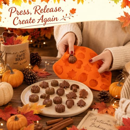 Autumn Silicone Molds - Maple Leaf, Pumpkin, Acorn & Mushroom Shapes for Halloween & Thanksgiving Baking