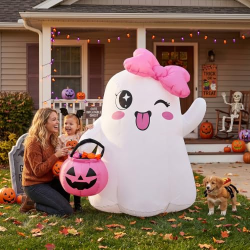 5FT Halloween Inflatable Ghost with Pink Bow and Glowing Pumpkin - Outdoor Decor