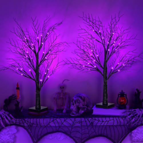 Purple Lighted Halloween Trees - 24 Inch Spooky Tabletop Decor Set of 2 with Timer