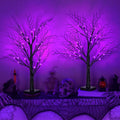 Purple Lighted Halloween Trees - 24 Inch Spooky Tabletop Decor Set of 2 with Timer