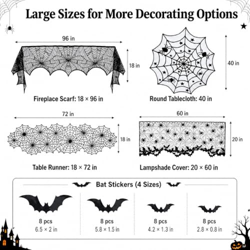 Halloween Tablecloth and Decor Set with Spider Web Lace Runner Bat Wall Stickers