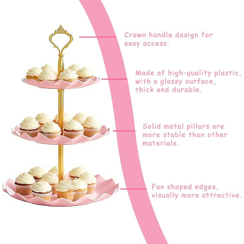 3-Tier Plastic Cupcake Stand Holder with Handle for Desserts, Fruits & Snacks - White+Pink