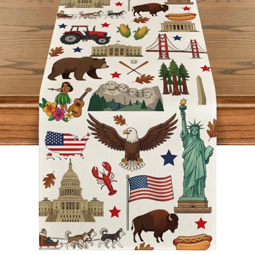 American Flag Map Eagle 13x48 Inch Table Runner - 4th of July Memorial Day Decor Beige