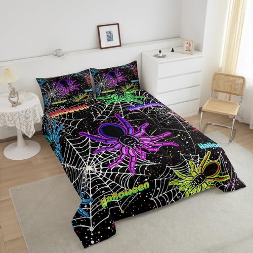 Kids Halloween King Comforter Set Black Purple Spider Web Bedding for Boys Girls - 3Pcs