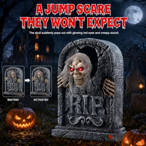 Halloween Animatronic Zombie Tombstone - LED Light Up Skeleton, Creepy Voice & Motion Activated Decor - Variation: Tombstone