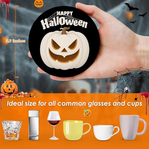 Halloween Coasters for Drinks Set of 6 Ceramic Stone with Cork Bottom & Holder - Black Variation