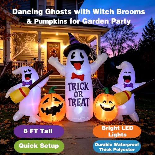 8 Ft Halloween Inflatable Ghosts with Pumpkin Broom LED Light Decor - White