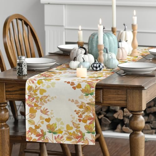 Orange Fall Maple Leaves Floral Table Runner 13x90 Inch for Dining & Home Decor