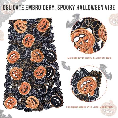 Halloween Table Runner 16x72 Inches for Dining Room Decor - Spooky Pumpkin & Bat Design