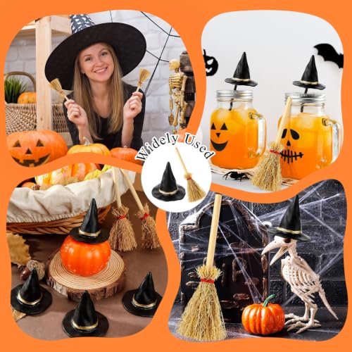 Mini Witch Hat and Broom Set - Halloween Decorations for Cake Toppers & Party Favors