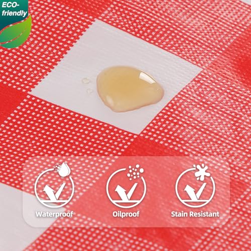 Red Gingham Vinyl Tablecloth with Flannel Backing 60x84 Inch Waterproof Outdoor Cover