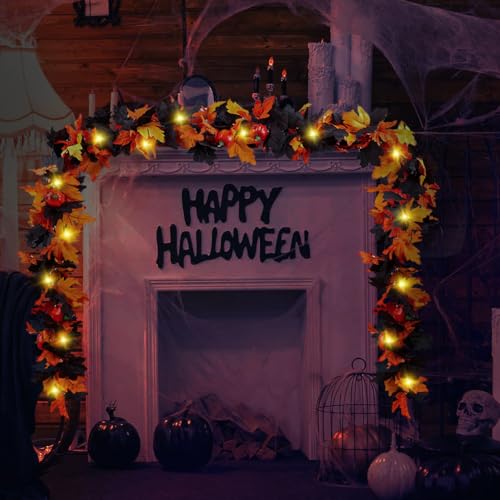 Orange Black Maple Leaf Garland 5.7Ft - 2 Pack Halloween Fall Autumn Decor