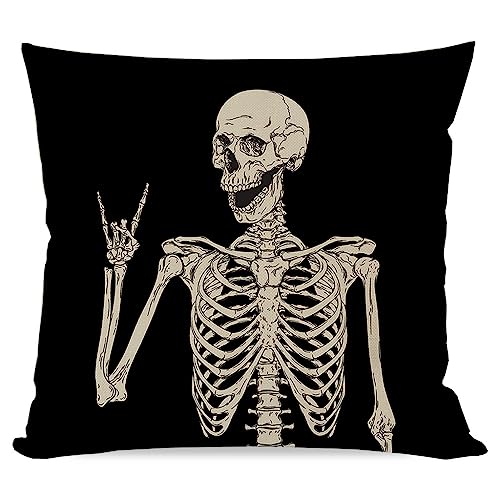 Halloween Throw Pillow Covers Set of 4 - 16x16 Orange Fall Decor with Skeleton Cat Ghost Pumpkin