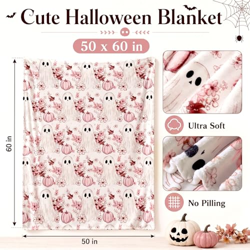 Pink Pumpkin Ghost Fall Throw Blanket - Halloween Soft Flannel 50x60 inches - Spooky Pumpkin Variation