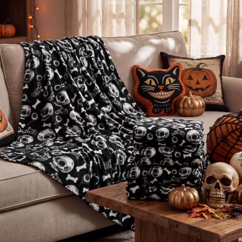 Halloween Skull Fleece Throw Blanket Set - 6 Warm & Cozy Bed & Sofa Throws