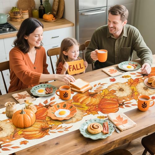 Fall Table Runner 13x108 Inch - Pumpkin & Maple Leaf Design, Yellow Fall Variation