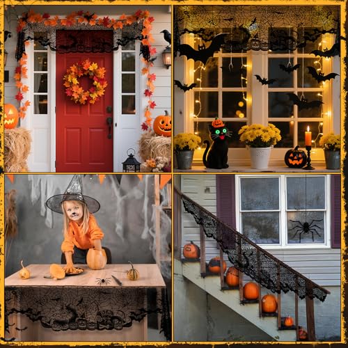 Halloween Mantle Scarf Black Lace Spiderweb Fireplace Decor with Bat Variation - 18 x 83 Inches
