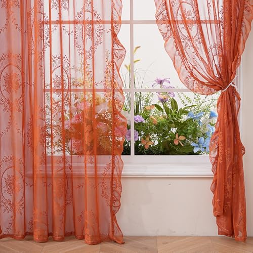 Orange Lace Curtains 55x63 Inches - 2 Panels, Halloween Sheer Floral Window Drapes - Variation of THIS listing