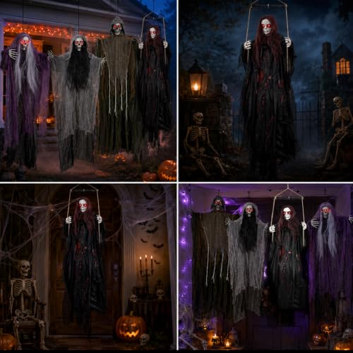Hanging Ghost Halloween Decorations Outdoor 59-Inch Swinging Ghost Doll with Glowing Eyes