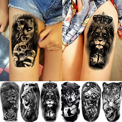 Temporary Tattoos for Men Women 70 Sheets Realistic Wolf Tiger Lion Black Animals Variation