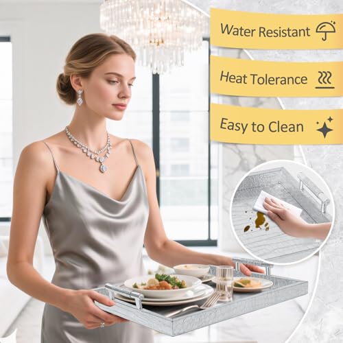 Faux Leather Serving Tray with Handles - Silver - 16x12 Inches