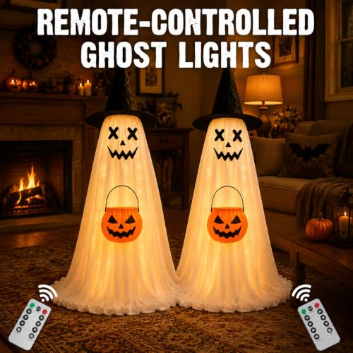 Outdoor Halloween Ghost Decorations - 2 Pack Light-Up, Adjustable Height 3-5 ft