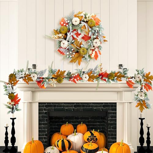 Autumn Fall Garland for Mantel 6ft Pumpkin & Maple Leaf Decor Indoor Outdoor
