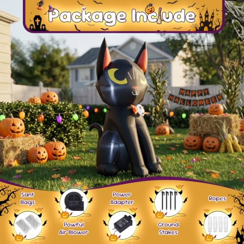 Inflatable Black Cat Halloween Decoration with LED Lights & Skeleton Badge - 4ft