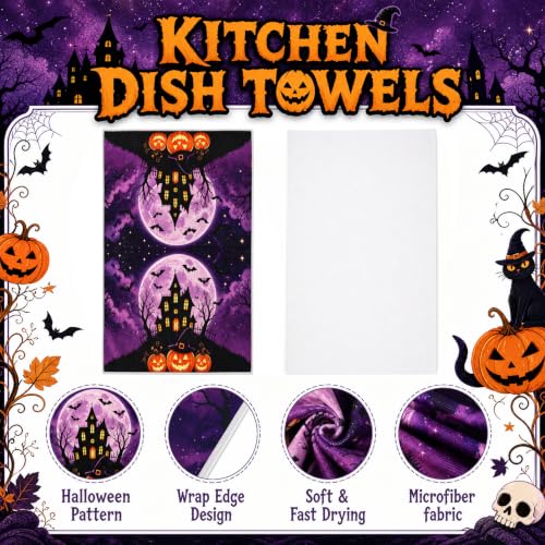 Halloween Kitchen Towels Set of 2 - Microfiber Spooky Cat Pumpkin Design - Halloween Variation