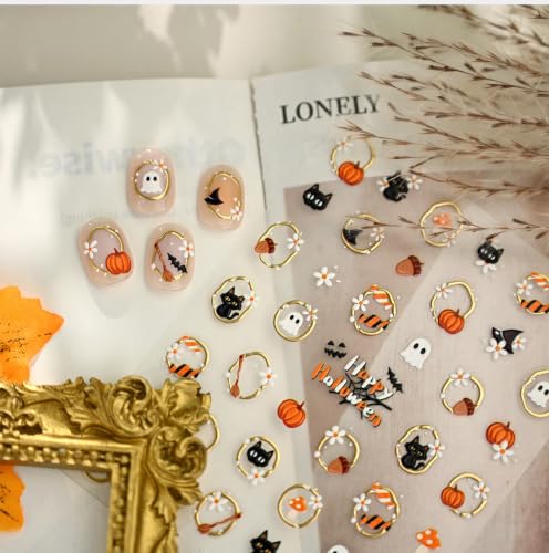 Halloween Pumpkin Nail Art Stickers 5D Embossed Ghost Cats Decals - Halloween Pumpkin Variation