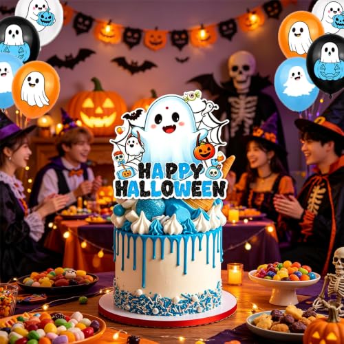 Halloween Ghost Party Decorations Set | 51-Piece Ghosts, Banner, Balloons & Cake Toppers