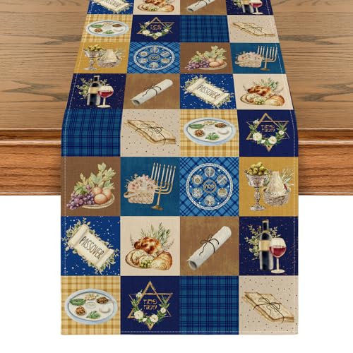 Blue Buffalo Plaid Stars Table Runner - Passover Kitchen Decor 13x72 Inch