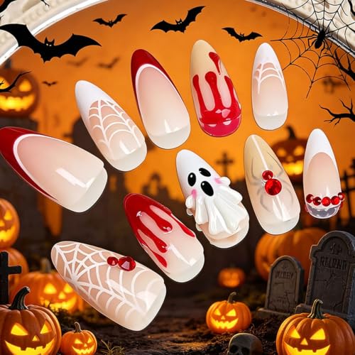Halloween Press On Nails Almond Medium Set with 3D Ghost Spider Web Rhinestones - Variation 22
