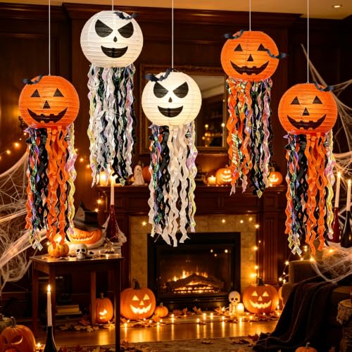 Halloween Pumpkin Paper Lanterns with Bat Set - 10 Inch Autumn Decor