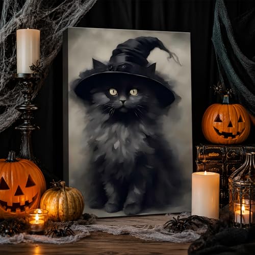 Halloween Black Cat Wall Art Canvas - Framed Gothic Decor - 12x18 Inches - Witch Kitten Design