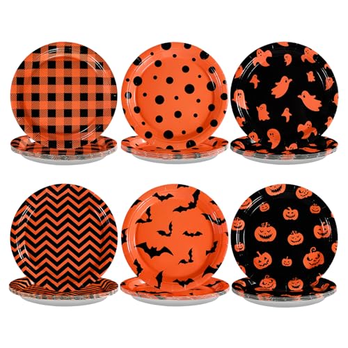 Halloween Paper Plates 9 Inch Pack - Heavy Duty Buffalo Plaid Ghost Pumpkin Design, Disposable Party Tableware