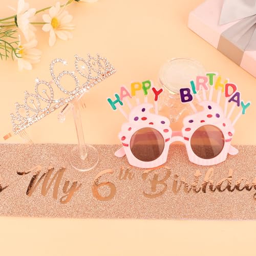 6th Birthday Decorations Kit with Glitter Sash and Crown - Rose Gold Variation