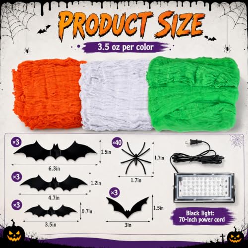 Halloween Spider Web Decorations with Black Light Lamp - 1000 Sq Ft Coverage, Includes Fake Spiders & Bats