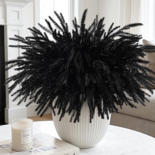 12Pcs Artificial Norfolk Pine Stems - Real Touch Halloween Christmas Decor - Black Variation